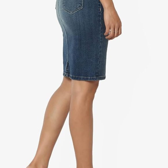 TheMogan Women's Butt Lift Washed Blue Jean Pencil Midi Soft Denim Skirt Light - Picture 2 of 7